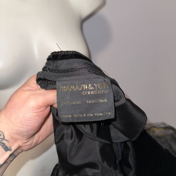 Vtg 80s Shamash Yofi Black Velvet Dress Puff Sleeves Gold Soutache Open Back 10 - Picture 6 of 6